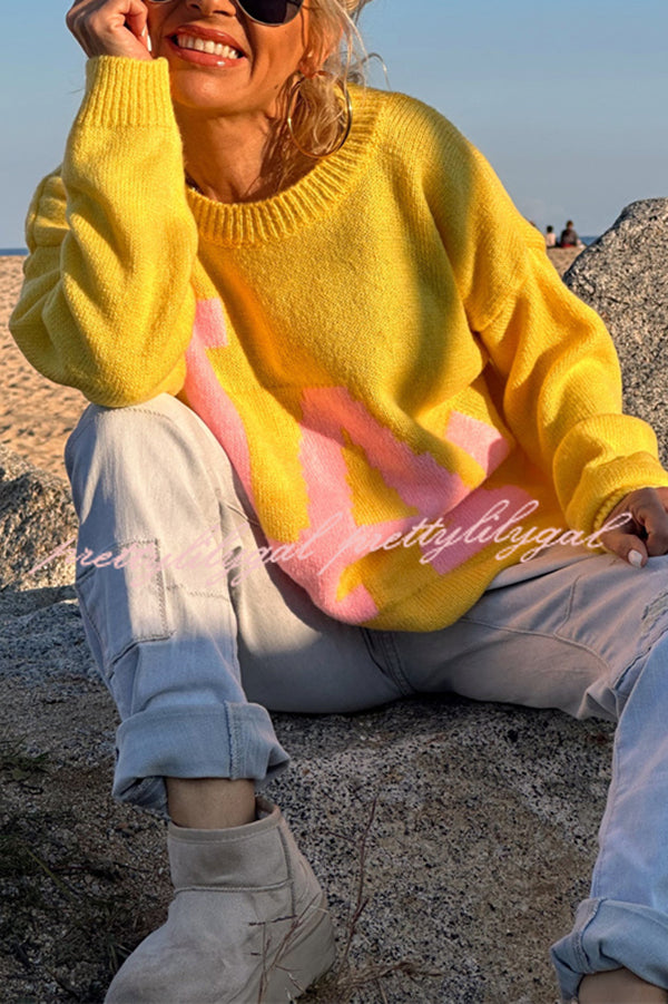 Letter Pattern Crew Neck Long Sleeve Loose Knit Sweater