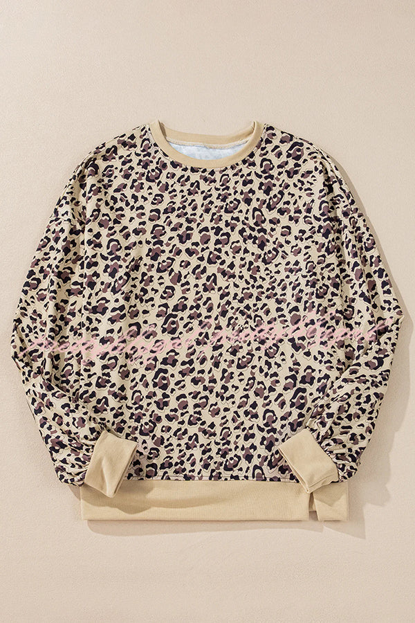 Leopard Print Crew Neck Patchwork Long sleeve Casual Loose Sweatshirt