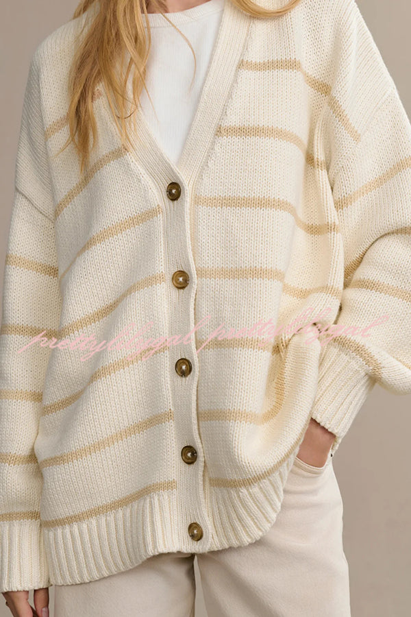 Striped Loose V-neck Long-sleeved Casual Knit Cardigan