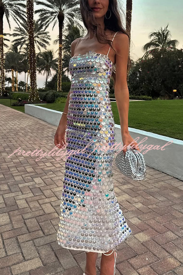Sexy Sequined Halter-neck Backless Slim Fit Slit Midi Dress