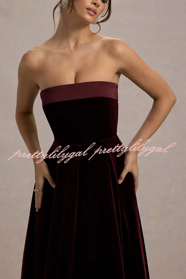 Center of Attention Velvet Satin Neck Bandeau Pleated Midi Dress