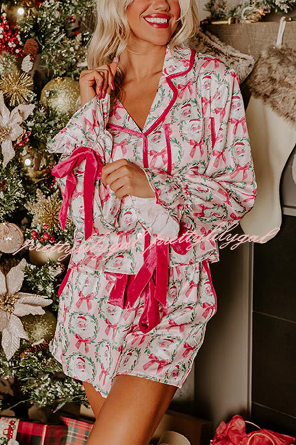 Christmas Dreaming Satin Santa Print Velvet Trim Elastic Waist Pocketed Pajama Shorts Set