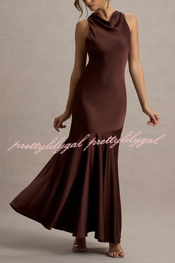 Timeless Sophistication Satin Cowl Detail Back Self-tie Halter Neck Maxi Dress