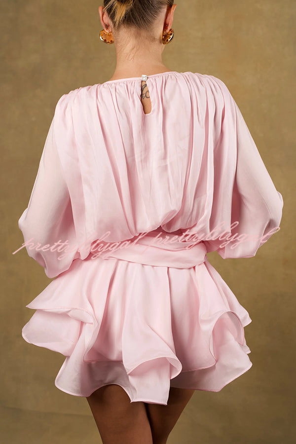 Solid Color Long Sleeve V-Neck Lace-Up Elegant Flower Decorated Mini Dress