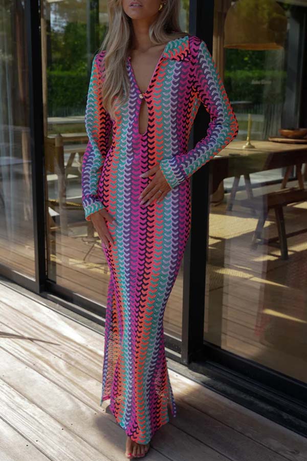 Eleanor Knit Colorful Wave Unique Print Shirt U-neck Long Sleeve Slit Maxi Dress