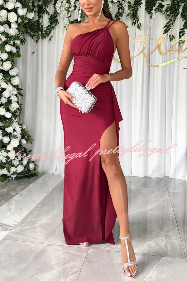 Party Love One Shoulder Ruched Waist Ruffle Slit Maxi Dress