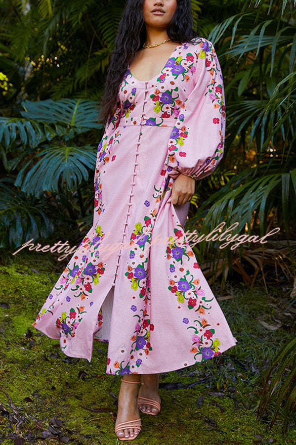 Garden Party Linen Blend Floral Print Button Balloon Sleeve Pocketed Maxi Dress