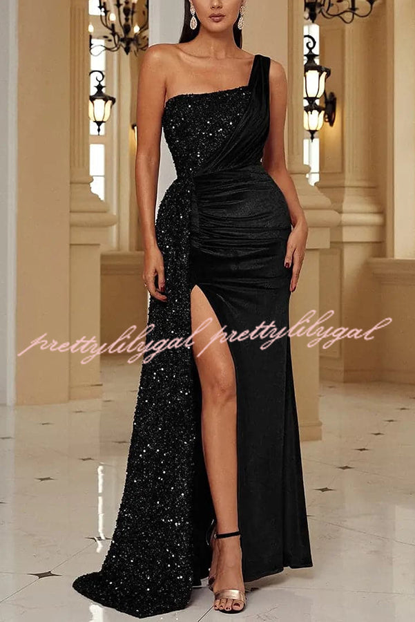 Taylor Sequin Velvet Patchwork One Shoulder Ruched Slit Prom Maxi Dress