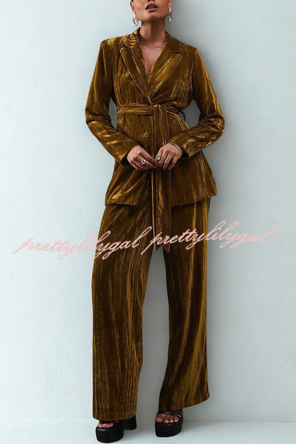 Solid Color Velvet Long-sleeved Waist Tie Top and Elastic Waist Casual Pocket Straight-leg Pants Set