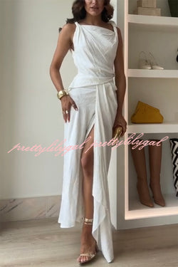 Sculptural Effect Linen Blend Twisted Shoulder Strap Drape Maxi Dress