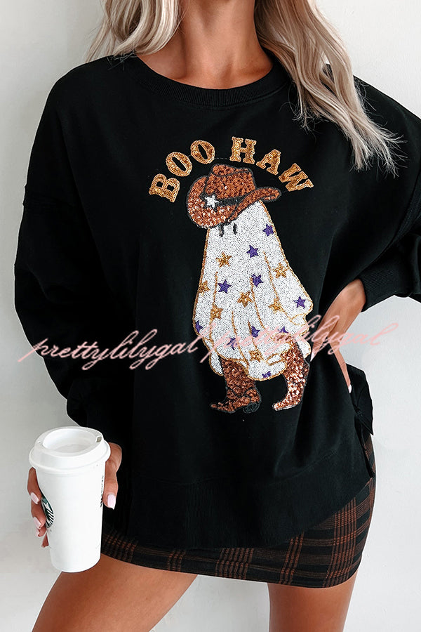 Halloween Ghost Sequin Print Casual Loose Sweatshirt