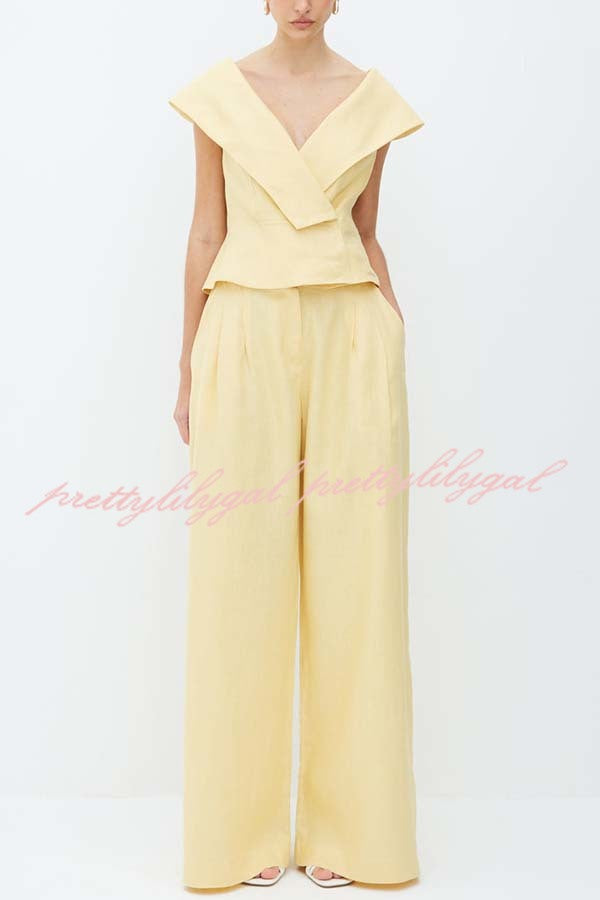 Velena Linen Blend Button Up Lapel Top and High Rise Pocket Wide Leg Pants Set