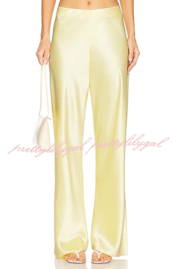 Odessa Satin Floral Lace Hem Strapless Tank and Mid Rise Wide Leg Pants Set