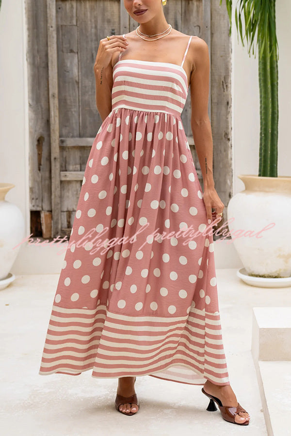 Striped Polka-dot Print Sling Pleated Open-back Maxi Dress