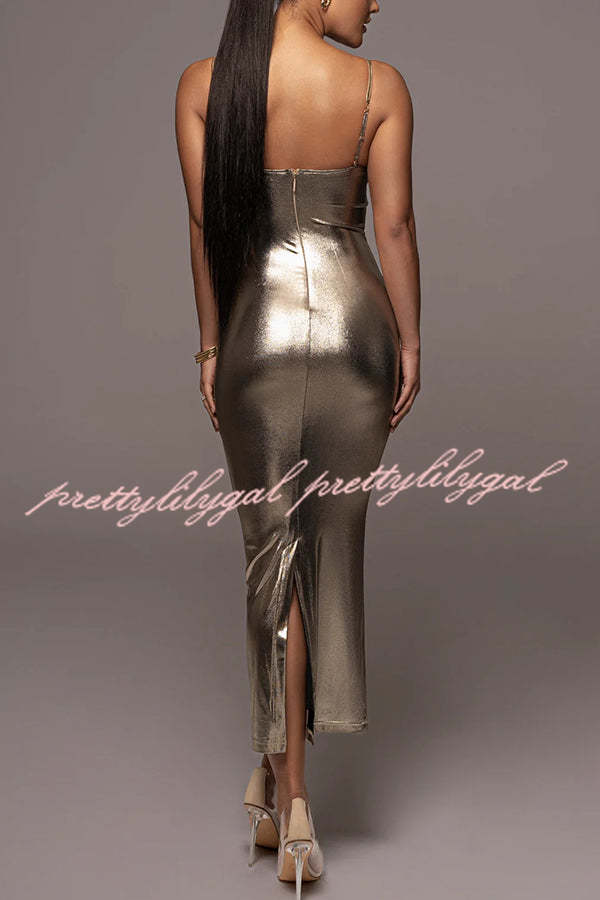 Visions of You Metallic Fabric Cowl Neck Removable Straps Stretch Midi Dress