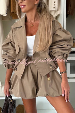 Fashion Style Button Long Balloon Sleeve Pocket Lapel Casual Bomber Jacket