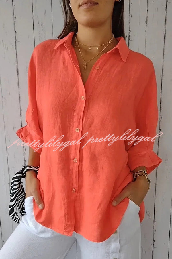 Linen Blend Solid Color Tie Back Loose Shirt Top