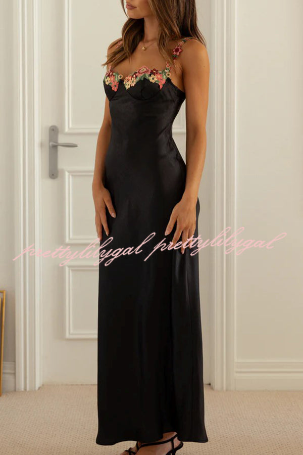 Endless Love Satin Embroidered Flower Trim Strap Maxi Dress