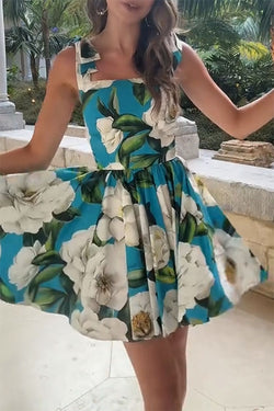 Fresh and Romantic Floral Print Square Neck Knotted Straps Mini Dress