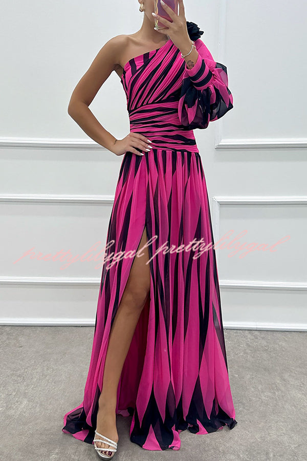 Purely Charming Printed Rose Pendant One Shoulder Pleated Slit Maxi Dress