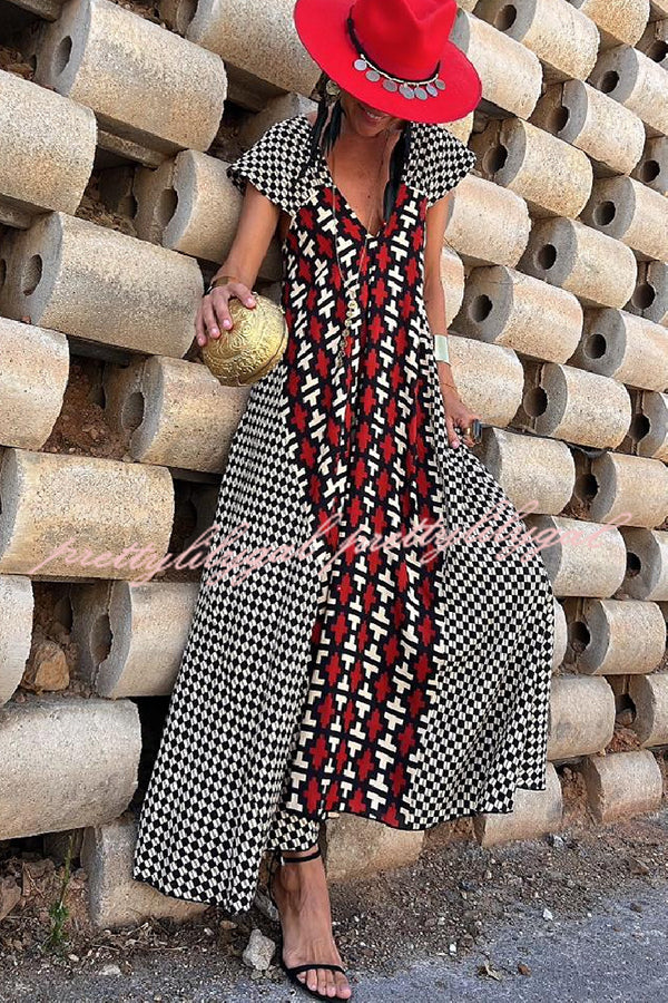 Fresh Breeze Ethnic Unique Print Ruffle Sleeve A-line Maxi Dress