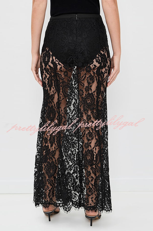 Make An Entrance Floral Stretch Lace Mid Rise Flare Maxi Skirt