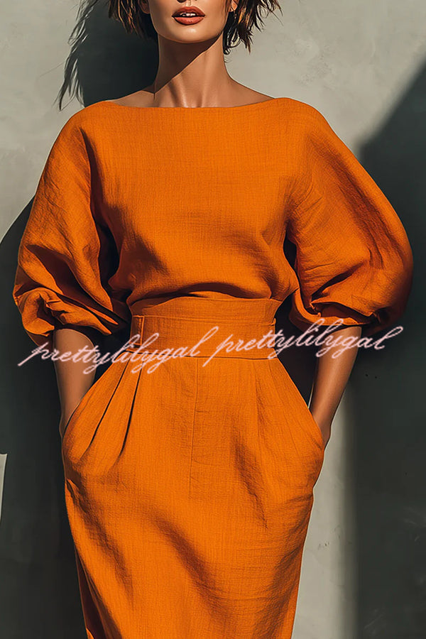 Linen Blend Round Neck Balloon Sleeve Top and High Waist Casual Pocket Midi Skirt Set