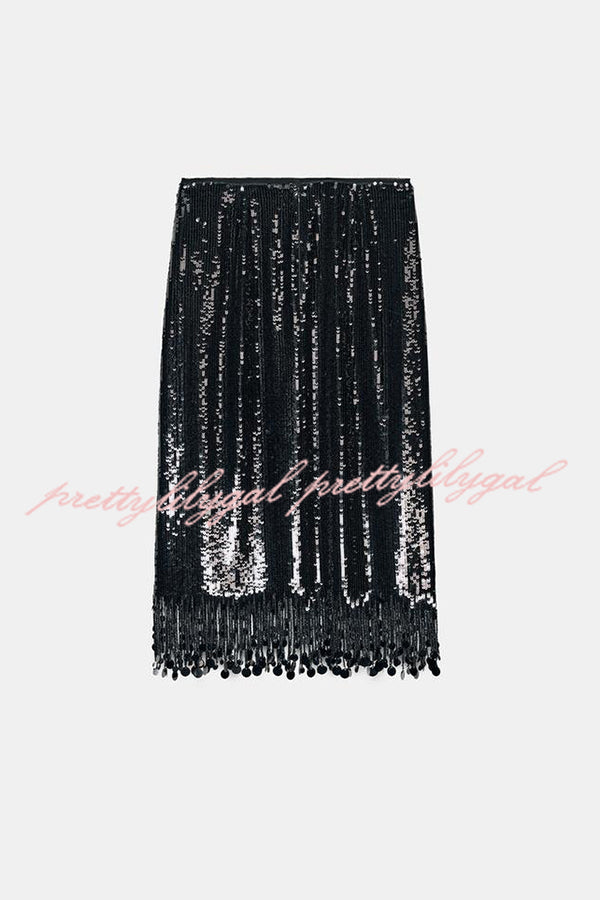 City Queen Sequin Tassel Round Pieces High Rise Back Zipper Midi Skirt