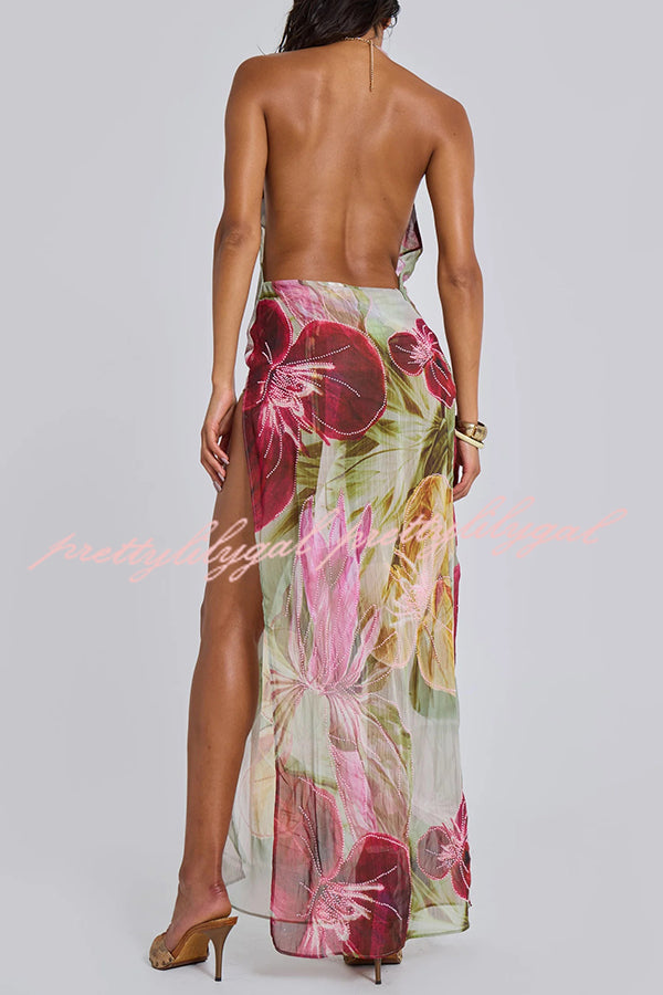 Floral Print Sexy Backless Slit See-Through Holiday Maxi Dress