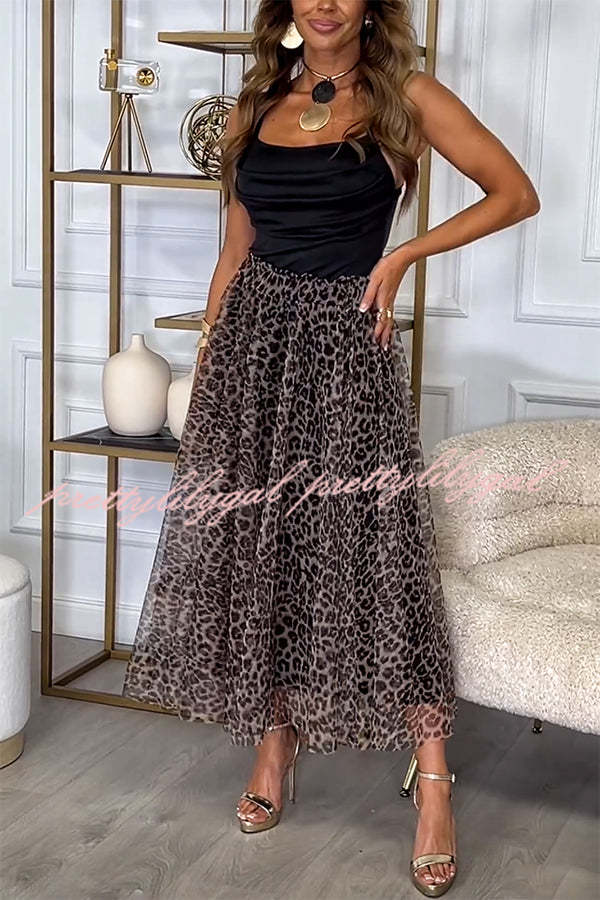 Chic Everyday Satin Paneled Leopard Print Mesh Cowl Neck Slip Midi Dress