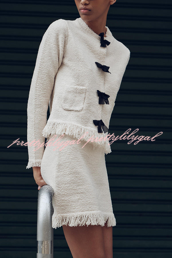 Fashion Round Neck Long Sleeve Bow-decorated Pocket Knitted Jacket