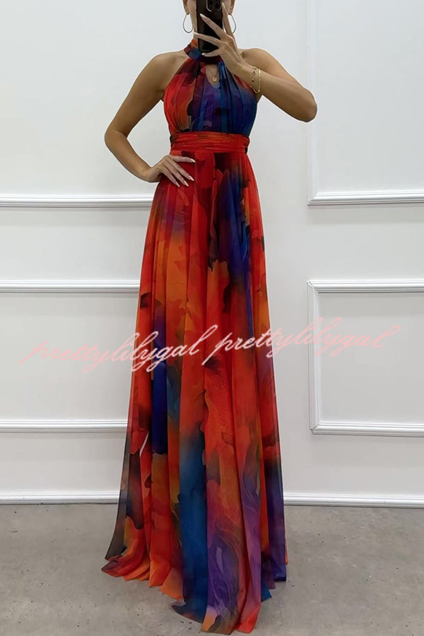 Elaine Tulle Floral Splash Print Cutout Halter Tie-up Neck Gown Maxi Dress