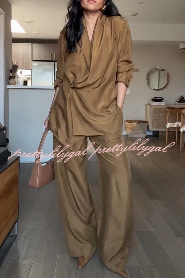 Bella Satin Drape Collar Single Button Casual Blazer and Elastic Waist Pocket Loose Pants Set