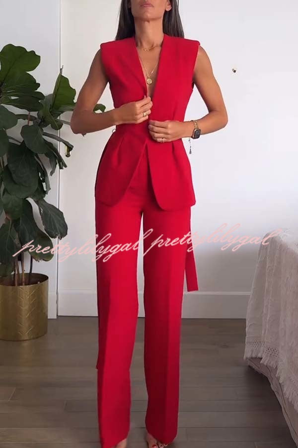 Keep It Classic V-neck Belted Vest and Mid Rise Pocket Wide Leg Pants Set