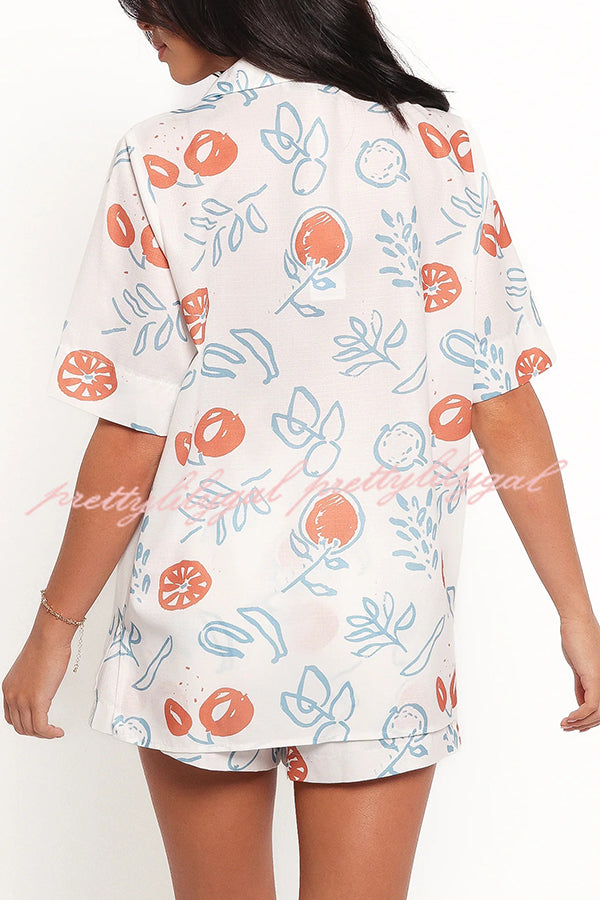 Graffiti Fruit Print Lapel Tie Short Sleeve Top and Elastic Waist Loose Pocket Shorts Set