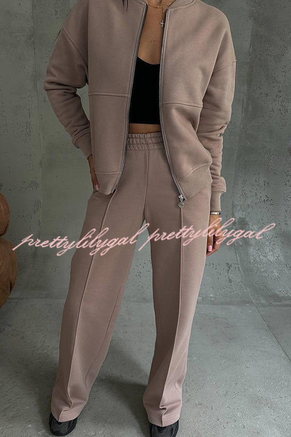 Solid Color Casual Long Sleeve Zipper Jacket and Elastic Waist Pocket Wide Leg Pants Set