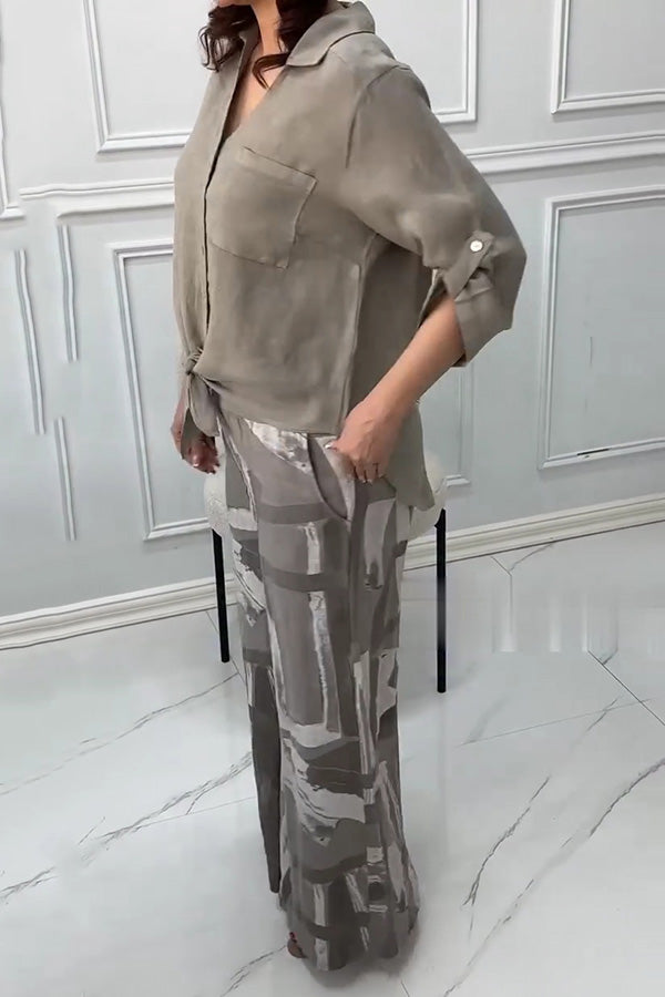 Fashion Lapel Long Sleeve Casual Shirt and Unique Print Elastic Waist Pocket Wide Leg Pants Set