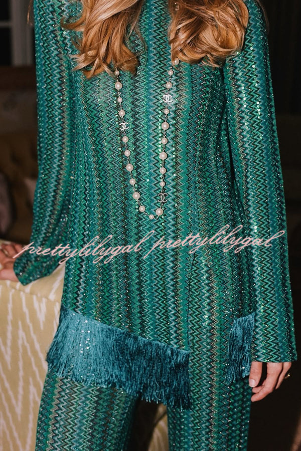 Relaxing Time Knit Zigzag Pattern Tassel Trim Slit Top and Wide Leg Pants Set