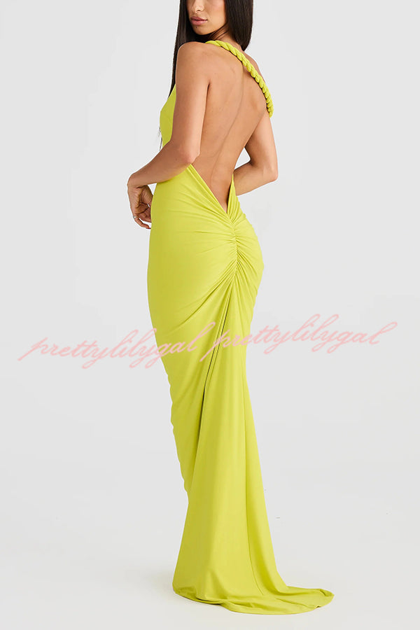 Sexy Halter Neck Open Back Pleated Slim Fit Maxi Dress