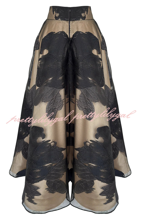 Chic Celebration Tulle Floral Pattern Jacquard High Rise Flared Maxi Skirt