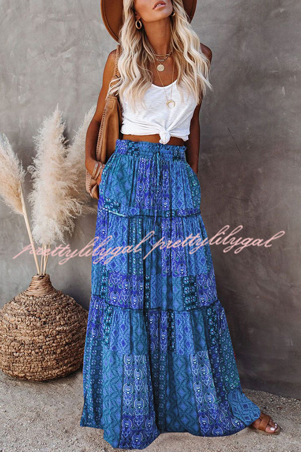 Floral Print Stretch Elastic Waist Pocket High Waist Skirt