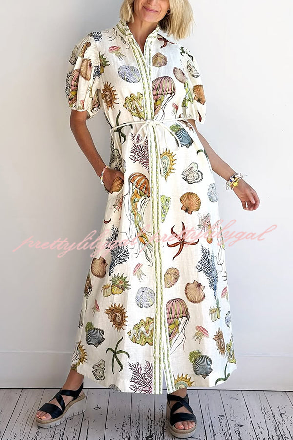 Beach Shell Print Puff Sleeve Tie-Waist Casual Midi Dress