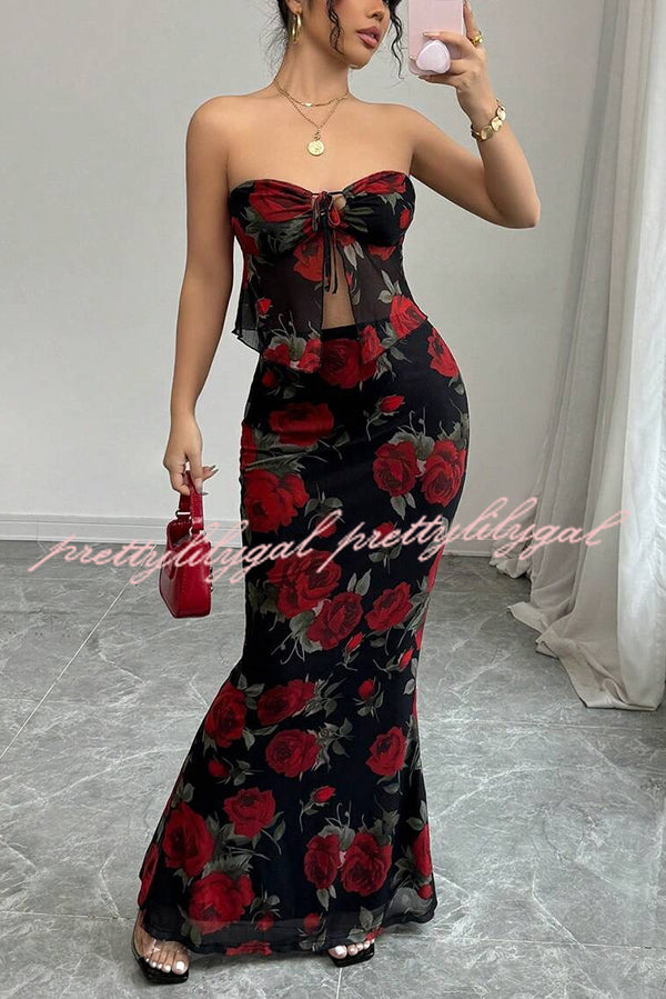 Floral Print Sexy Bandeau Lace-up Top and Slim Mesh Stretch Maxi Skirt Set