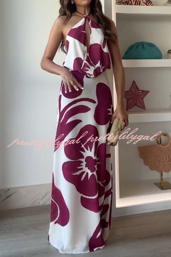 Leslie Flower Print Halter Cutout Cowl Neck Backless Maxi Dress