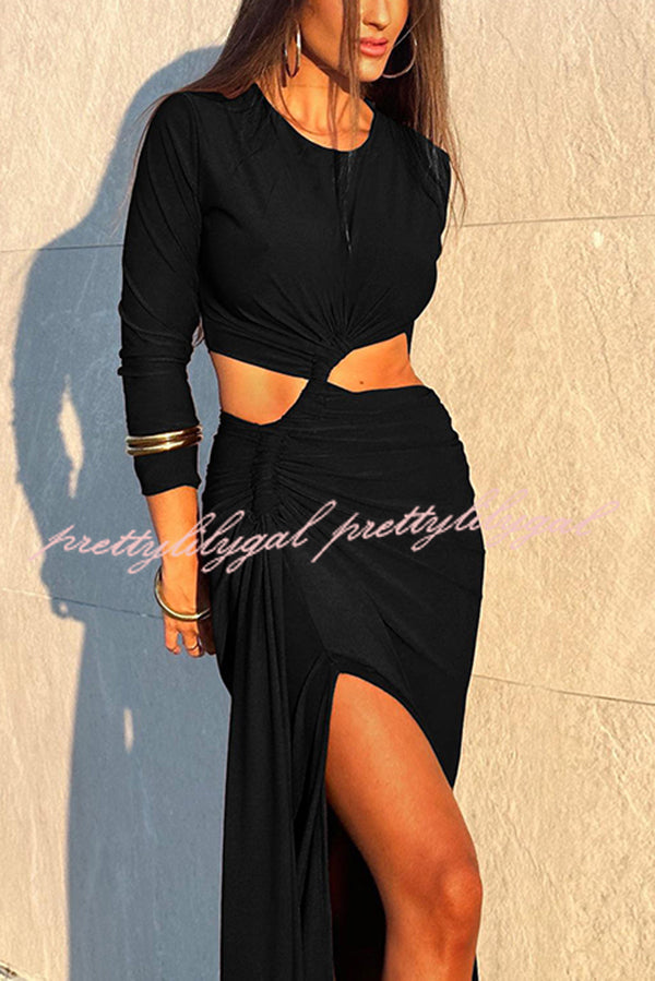 Solid Color Round Neck Long Sleeve Sexy Exposed Waist Slit Maxi Dress