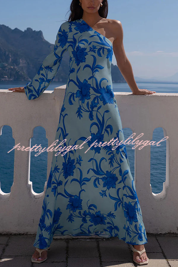 Satin Botanical Print One-Sleeve Resort Maxi Dress