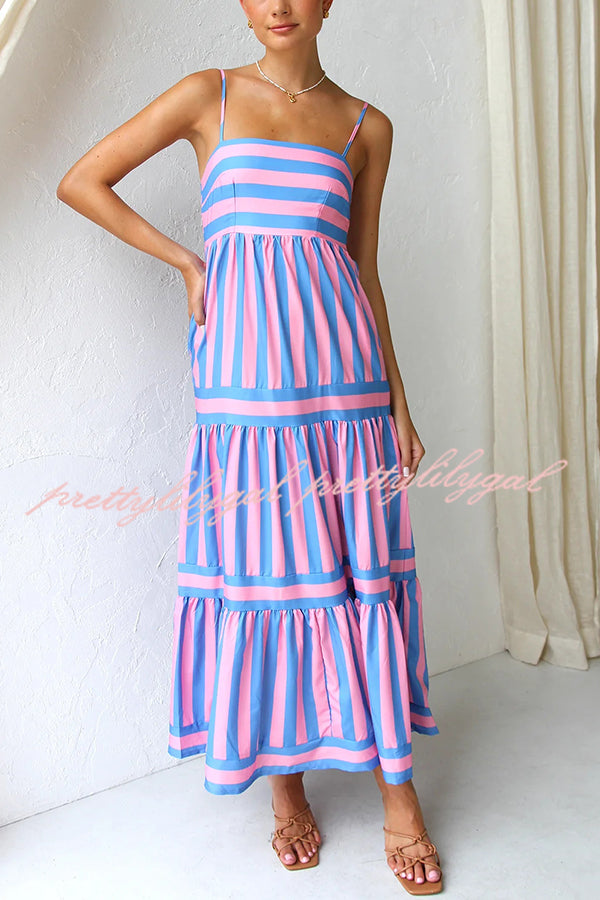 Beachy Dreams Striped Print Back Smocked Pocket A-line Slip Midi Dress