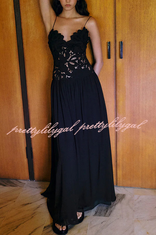 Stephanie Flower Crochet Lace Bust Chiffon Fluffy Hem Maxi Dress