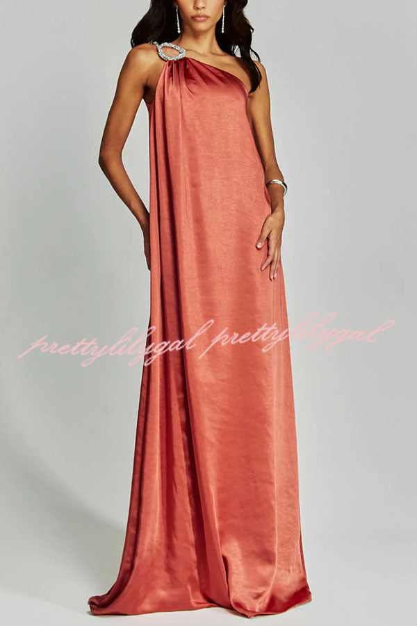 Charming Glance Satin Metal Hardware One Shoulder Loose Maxi Dress