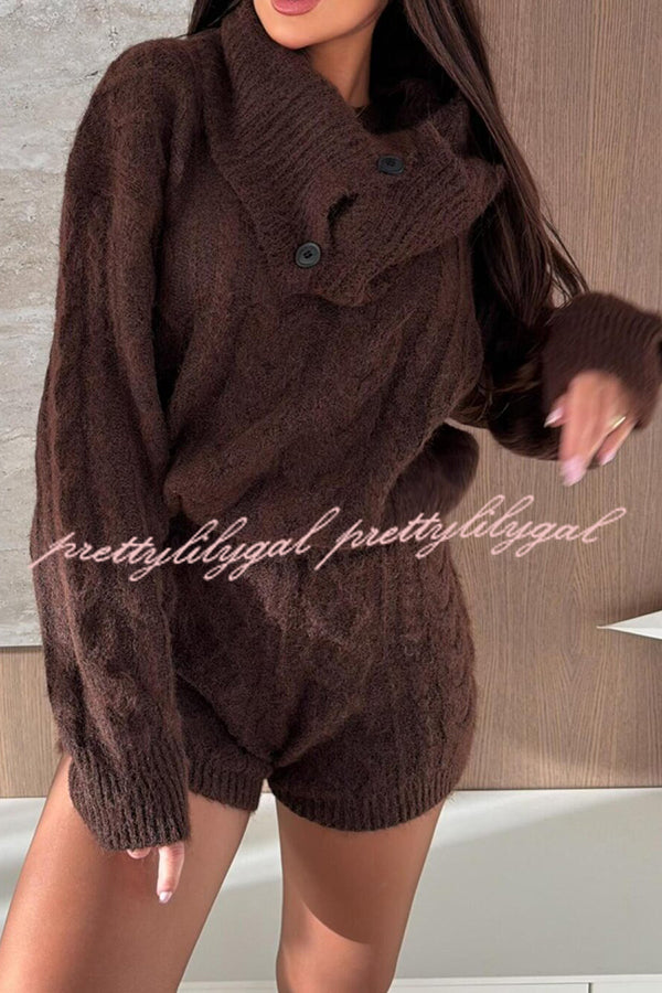 Diviano Cabble Knit Button Scarf Long Sleeve Sweater and Stretch Mini Shorts Set（3 Pieces）